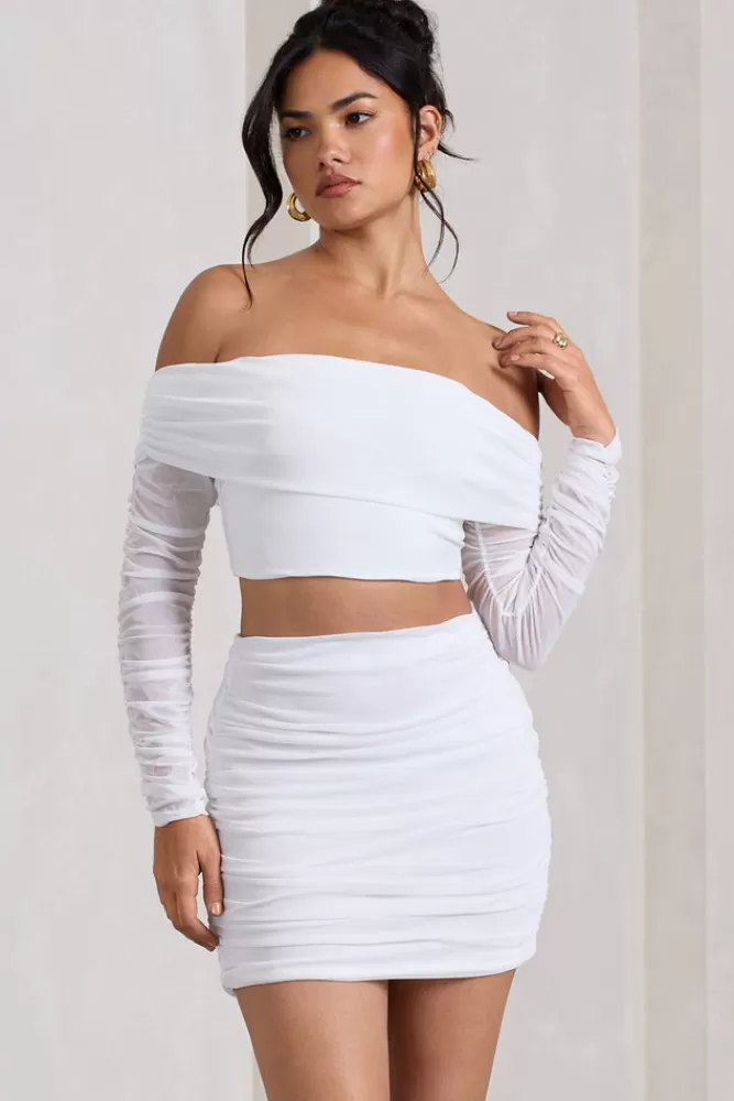 Club L London Rule Breaker | Ruched Mesh Bardot Crop Top White New