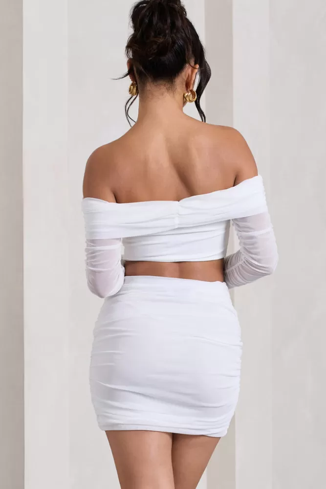 Club L London Rule Breaker | Ruched Mesh Bardot Crop Top White New