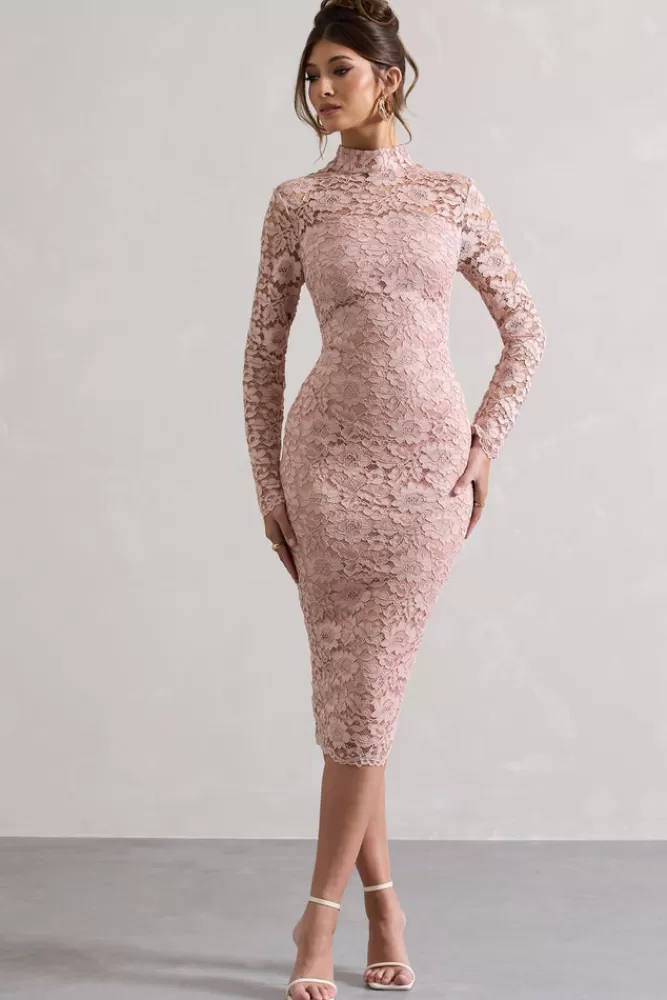 Club L London Rumour | Pink Lace High-Neck Midi Dress BLUSH Discount