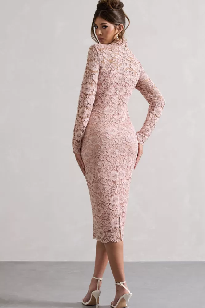 Club L London Rumour | Pink Lace High-Neck Midi Dress BLUSH Discount