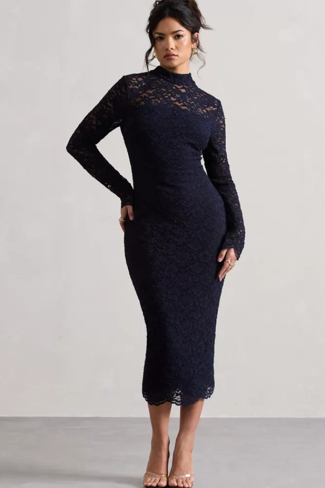 Club L London Rumour | Lace High-Neck Midi Dress NAVY Fashion