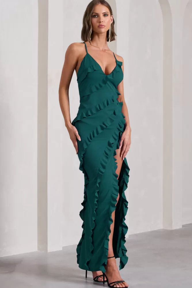 Club L London Run The World | Bottle Green Sweetheart Neckline Ruffle Maxi Dress BOTTLEGREEN New