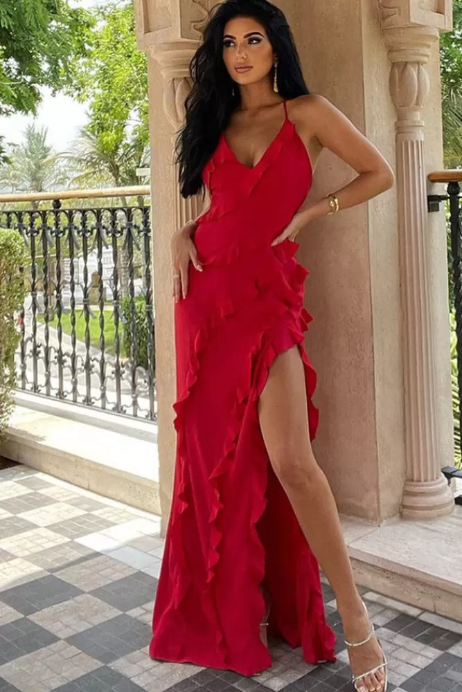 Club L London Run The World | Plunge Neckline Ruffle Maxi Dress RED Shop