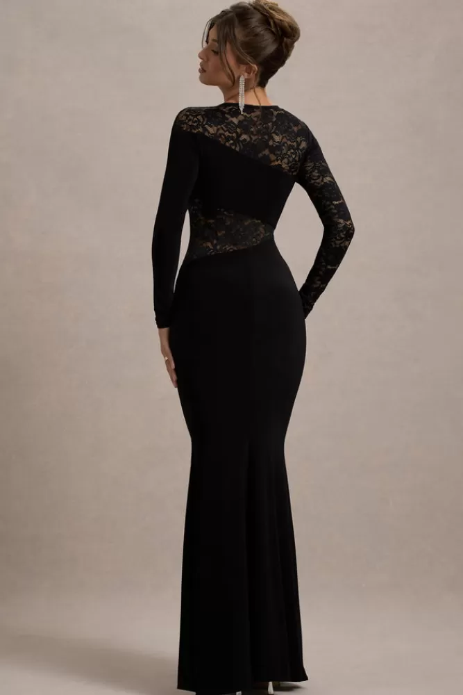 Club L London Runway | Lace Asymmetric Cut-Out Maxi Dress BLACK Store