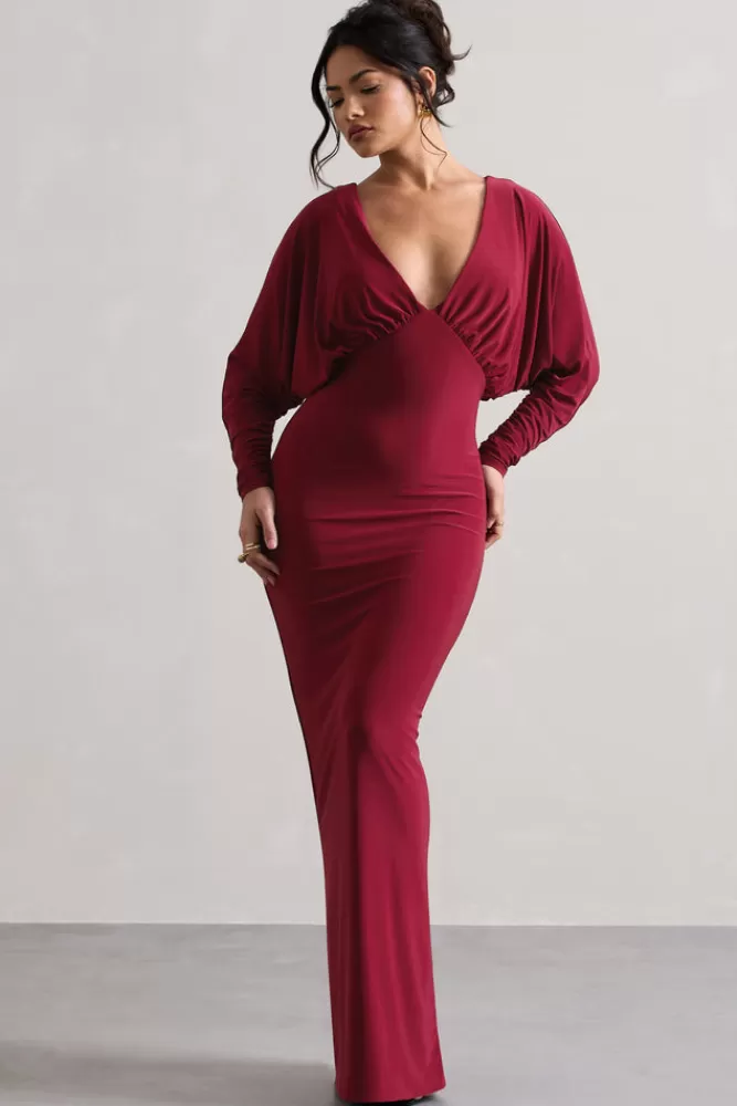 Club L London Ruth | Draped Plunge-Neck Maxi Dress BERRY Clearance