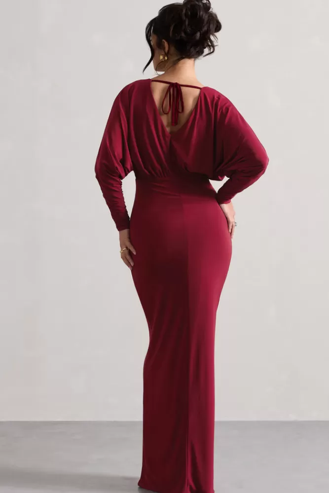 Club L London Ruth | Draped Plunge-Neck Maxi Dress BERRY Clearance