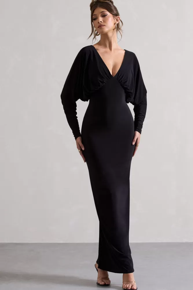 Club L London Ruth | Draped Plunge-Neck Maxi Dress BLACK Clearance