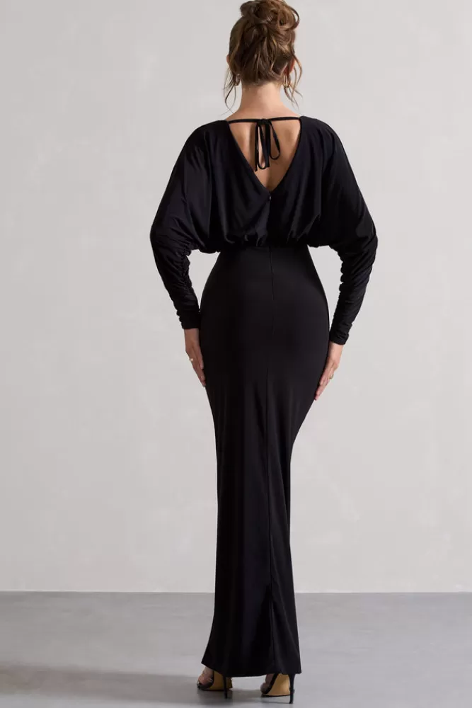 Club L London Ruth | Draped Plunge-Neck Maxi Dress BLACK Clearance