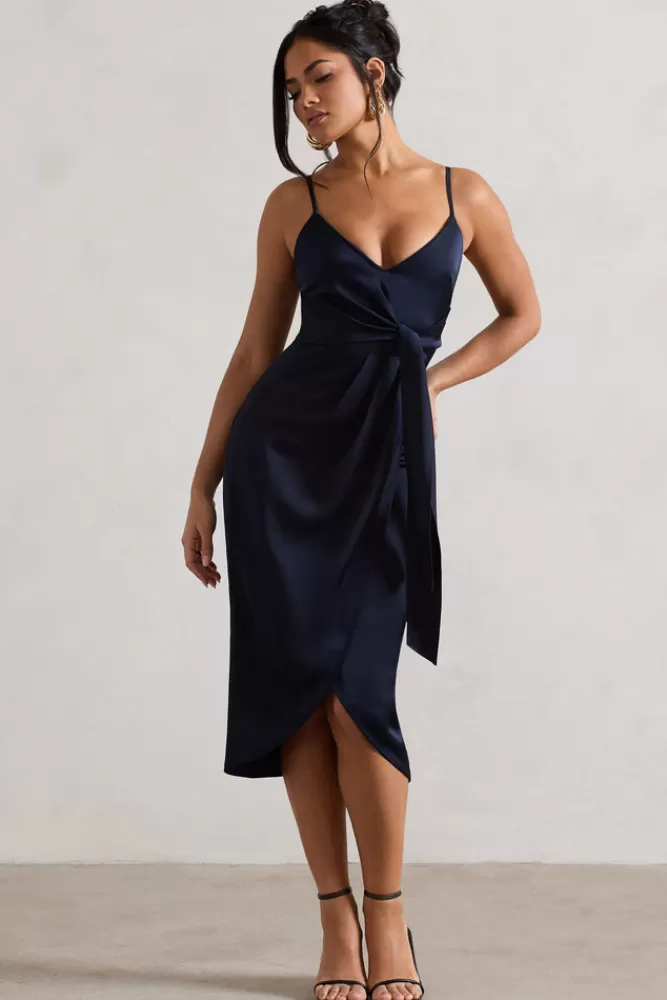 Club L London Sabela | Satin Wrap Midi Dress With Knot Detail NAVY New