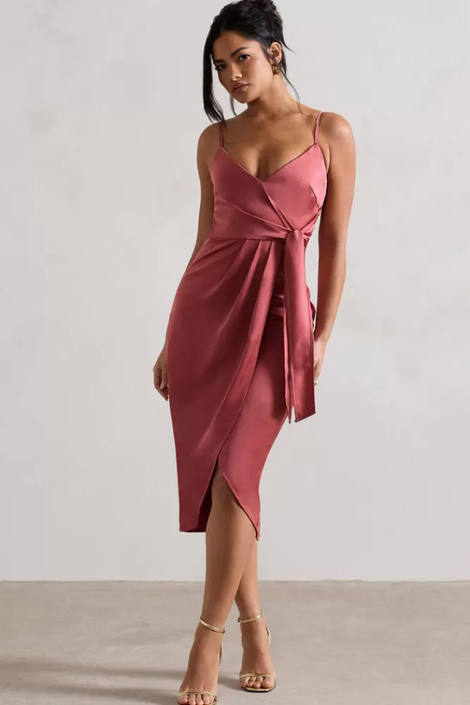 Club L London Sabela | Rose Pink Satin Wrap Midi Dress With Knot Detail ROSEWOOD Sale