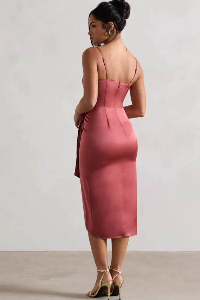 Club L London Sabela | Rose Pink Satin Wrap Midi Dress With Knot Detail ROSEWOOD Sale