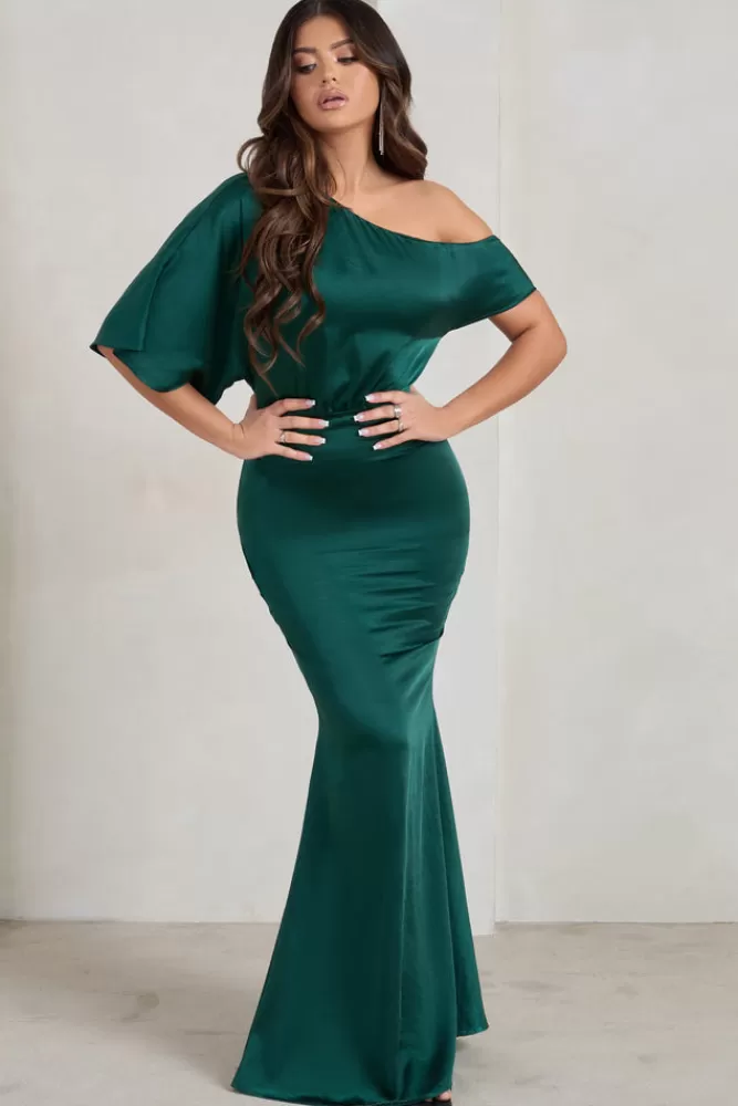 Club L London Sabrina | Bottle Green Asymmetric Off The Shoulder Satin Maxi Dress BOTTLEGREEN Discount