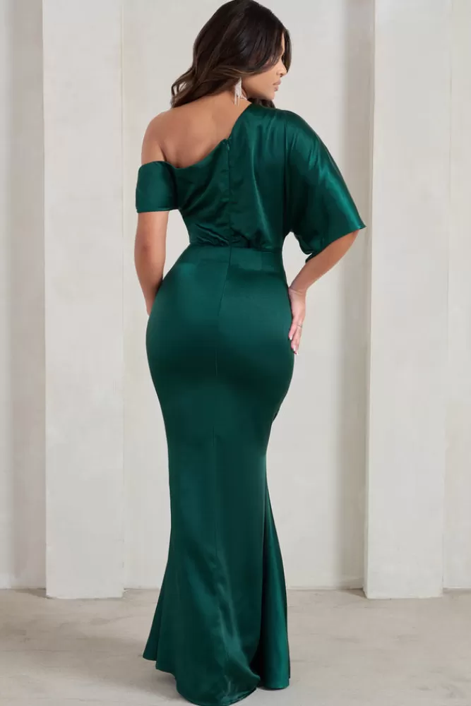 Club L London Sabrina | Bottle Green Asymmetric Off The Shoulder Satin Maxi Dress BOTTLEGREEN Discount
