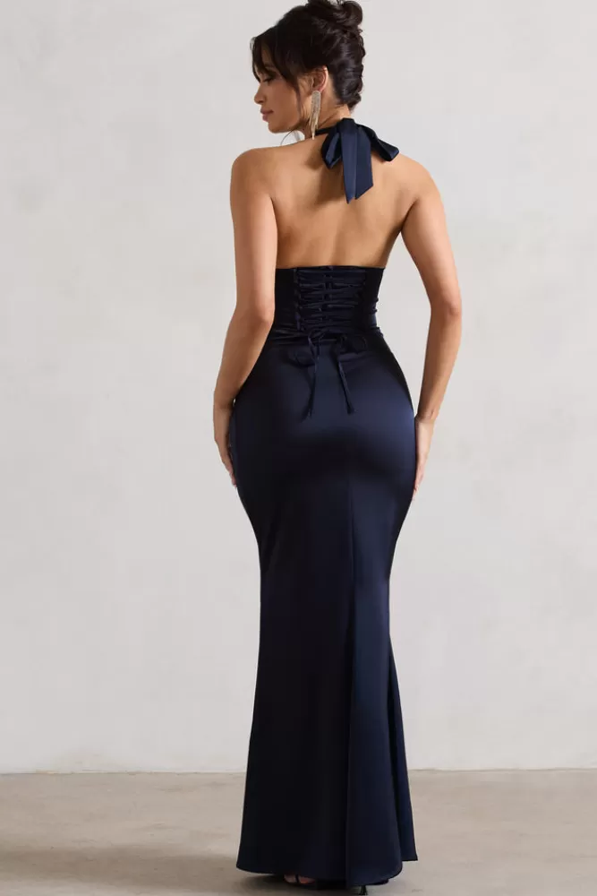 Club L London Sacha | Satin Corset Style Maxi Dress With Wrap Skirt NAVY Cheap