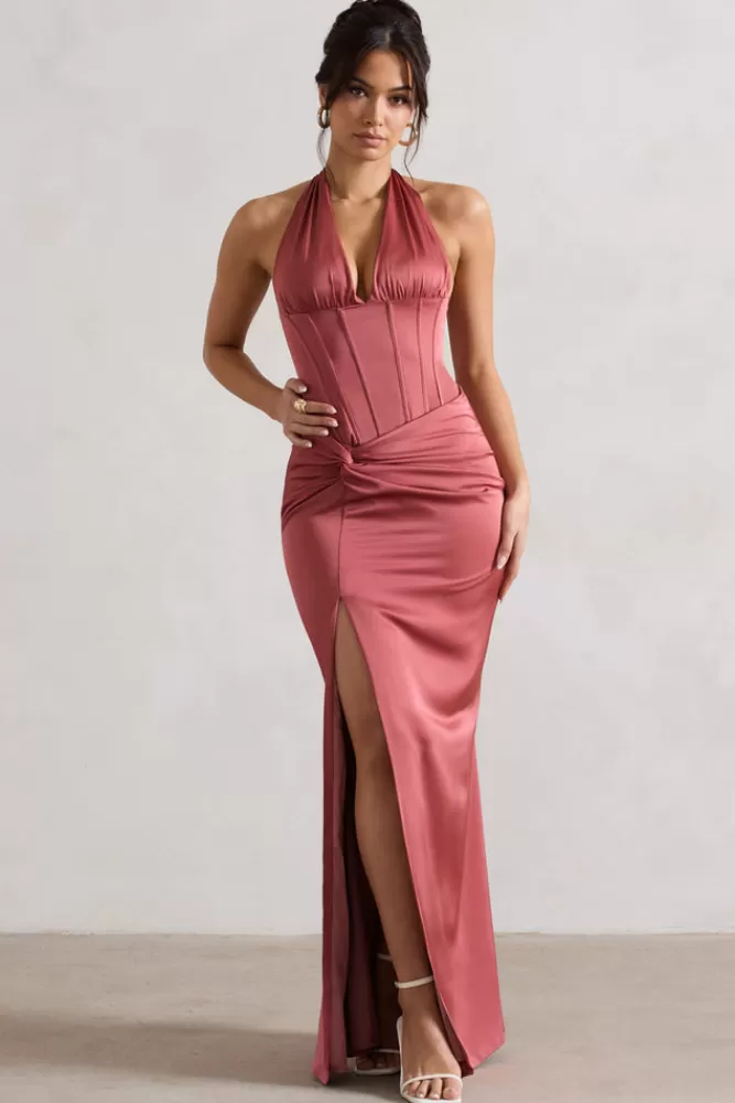 Club L London Sacha | Rose Pink Satin Corset Style Maxi Dress With Wrap Skirt ROSEWOOD New