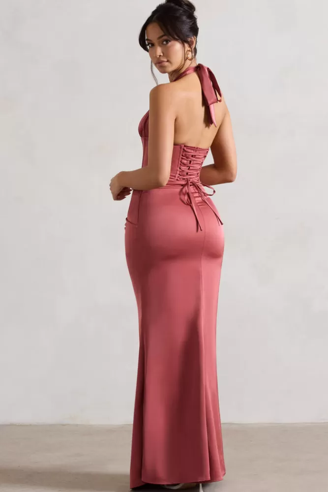 Club L London Sacha | Rose Pink Satin Corset Style Maxi Dress With Wrap Skirt ROSEWOOD New