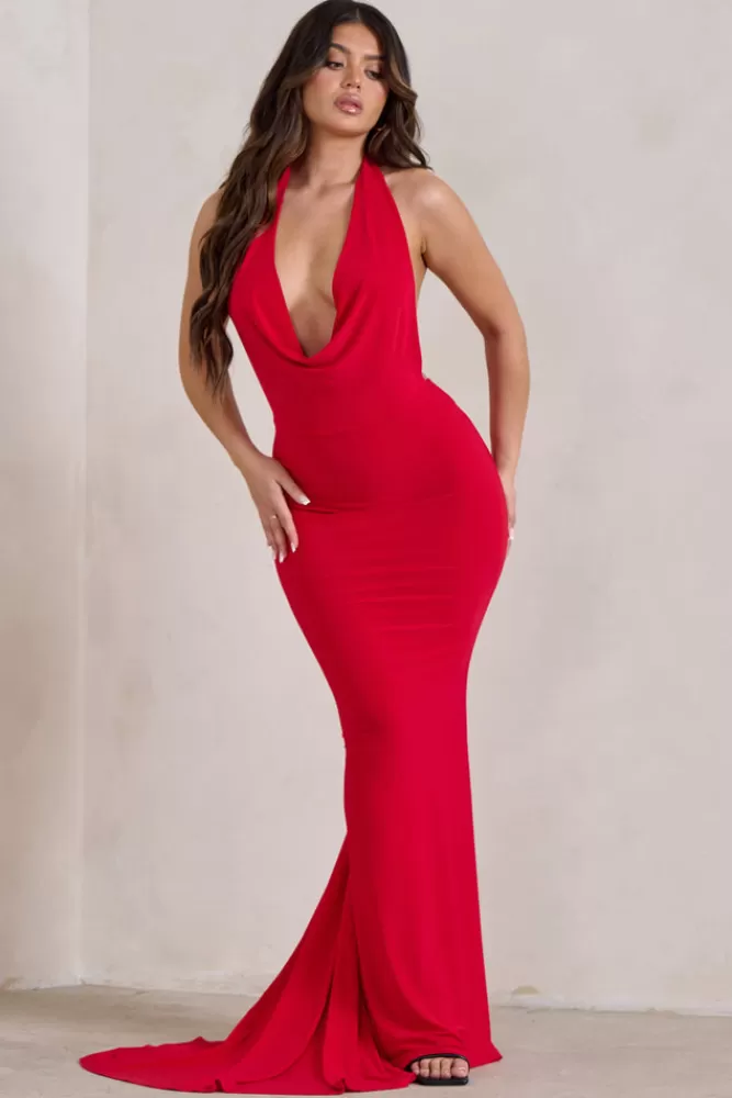 Club L London Saffina | Cowl Neck Low Back Maxi Dress RED Clearance