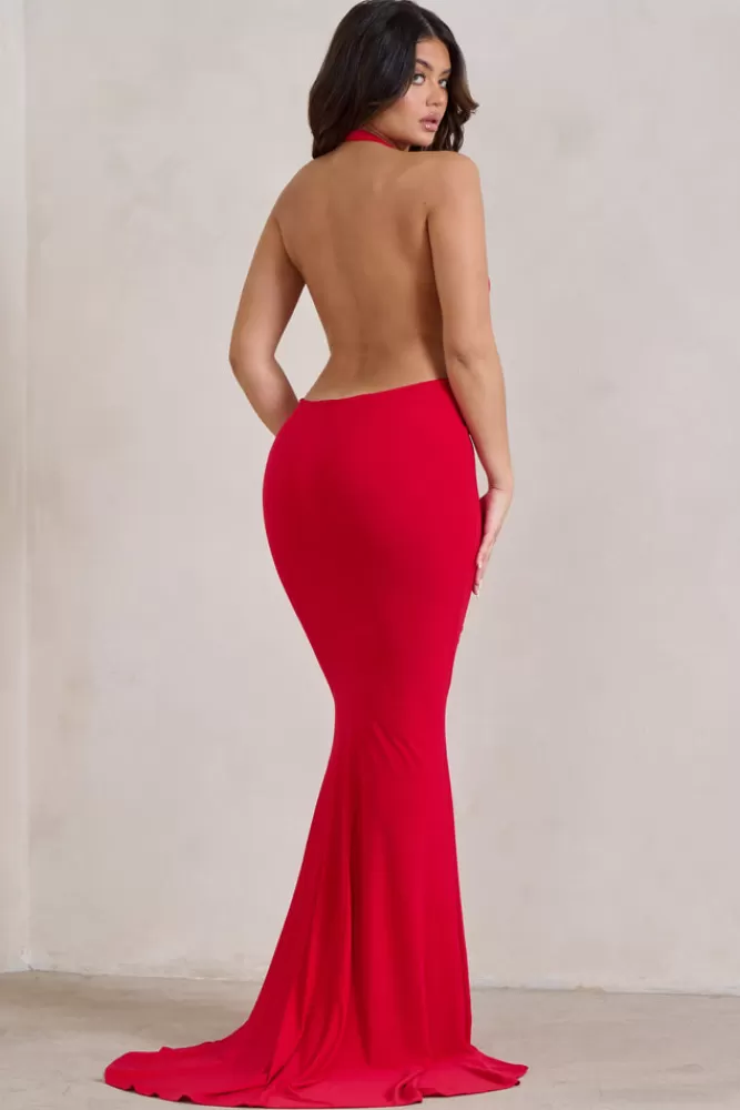 Club L London Saffina | Cowl Neck Low Back Maxi Dress RED Clearance