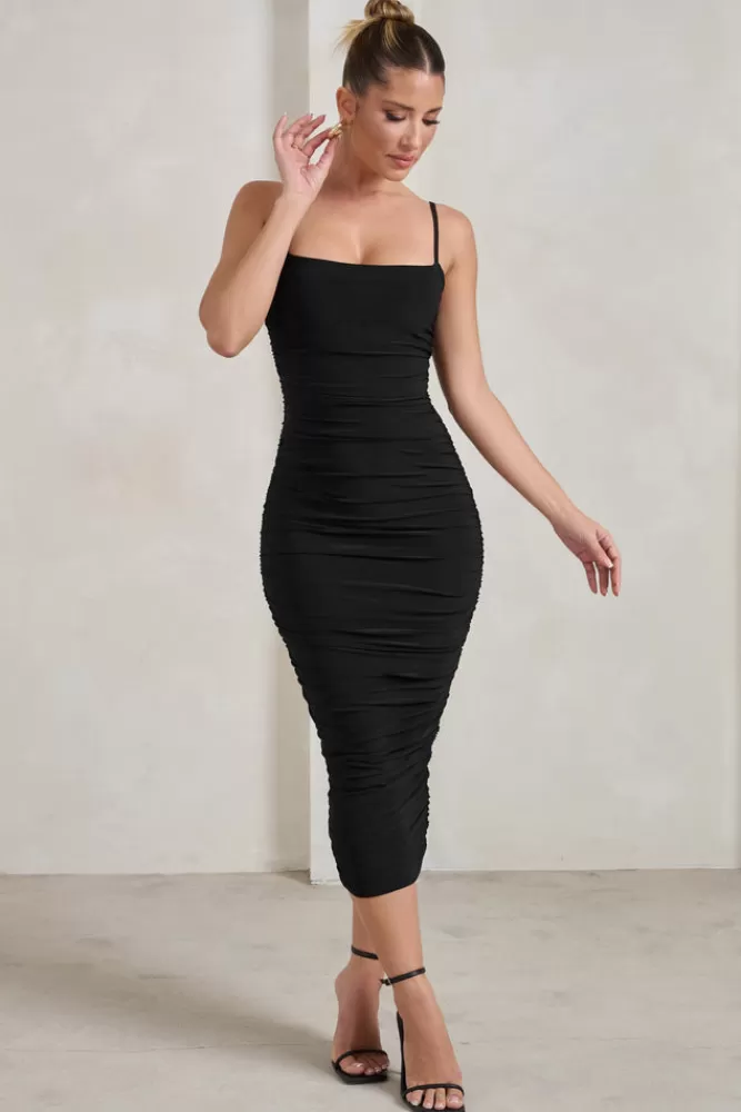 Club L London Saffy | Cami Mesh Ruched Midi Dress BLACK Fashion