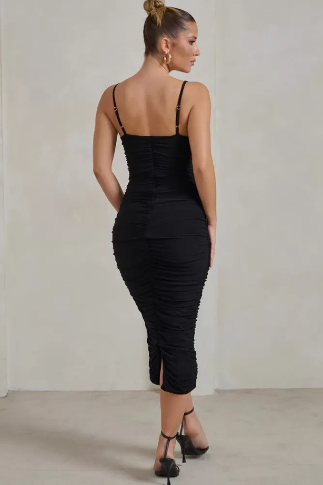 Club L London Saffy | Cami Mesh Ruched Midi Dress BLACK Fashion