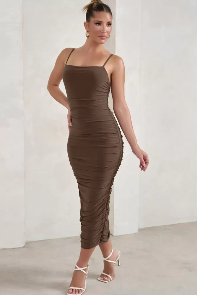 Club L London Saffy | Brown Cami Mesh Ruched Midi Dress CHOCOLATE Best