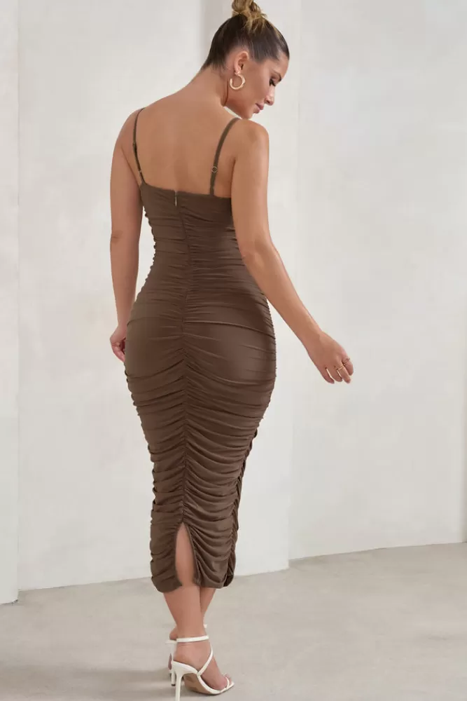 Club L London Saffy | Brown Cami Mesh Ruched Midi Dress CHOCOLATE Best