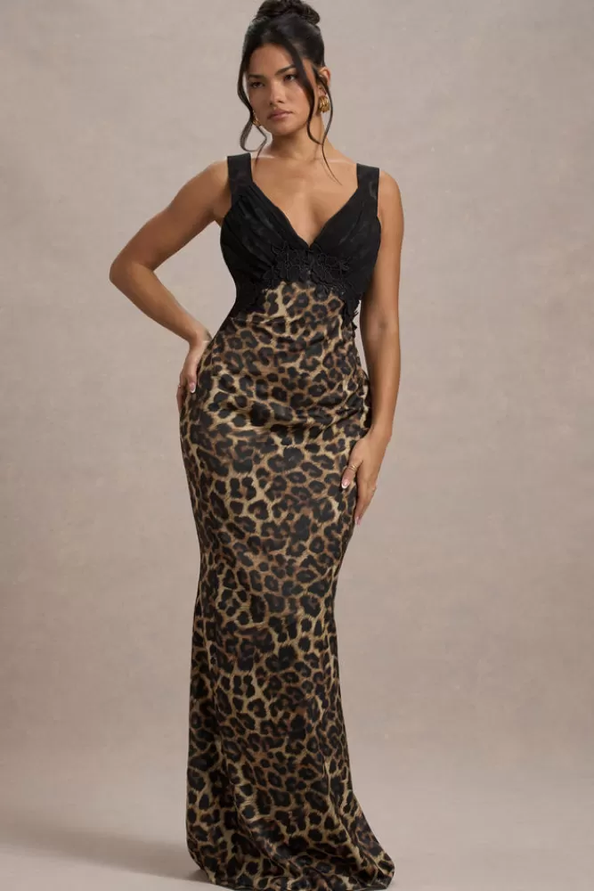 Club L London Sahara | Leopard Print Satin V-Neck Maxi Dress With Black Lace Trim LEOPARDPRINT Fashion
