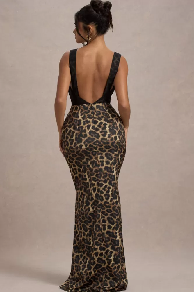 Club L London Sahara | Leopard Print Satin V-Neck Maxi Dress With Black Lace Trim LEOPARDPRINT Fashion