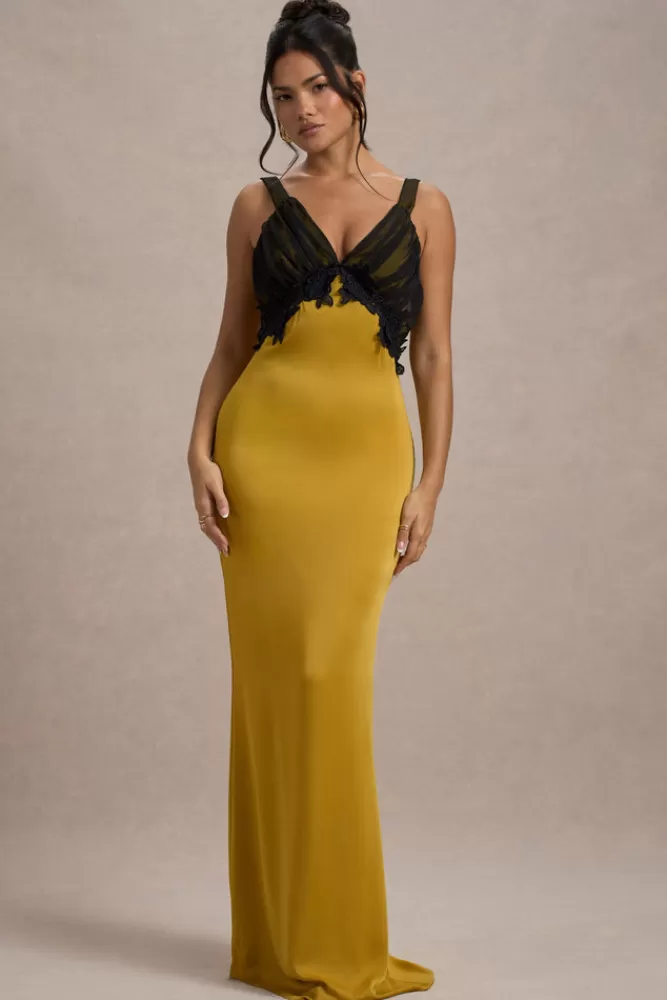 Club L London Sahara | Satin V-Neck Maxi Dress With Black Lace Trim MUSTARD Shop