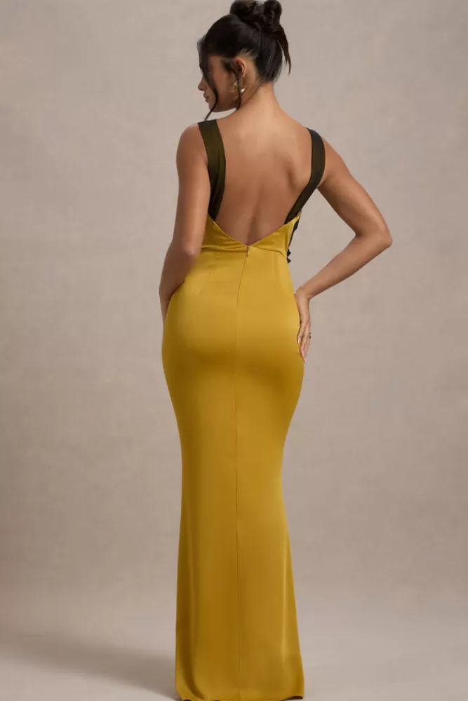 Club L London Sahara | Satin V-Neck Maxi Dress With Black Lace Trim MUSTARD Shop