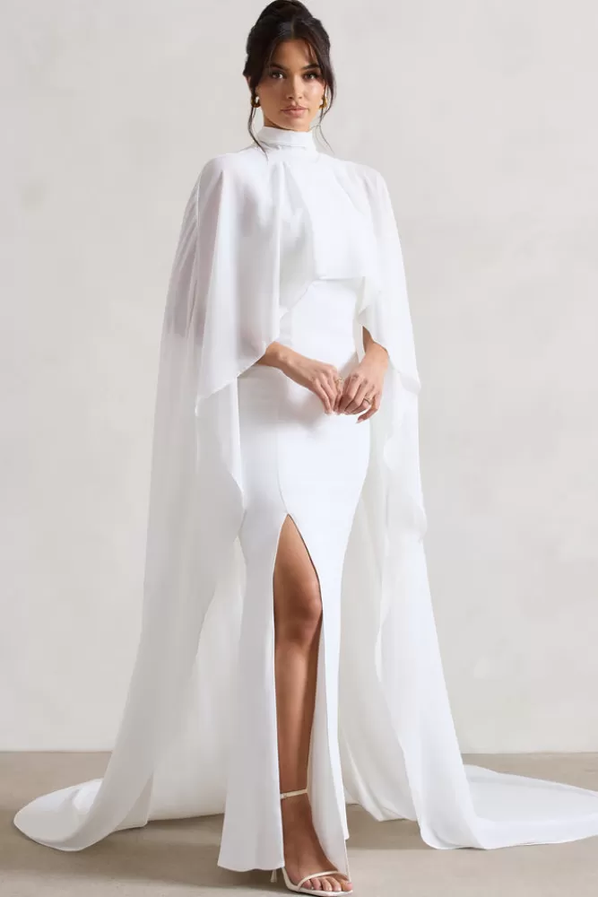 Club L London Saint | Fishtail Split Maxi Dress With Chiffon Cape CREAM Discount