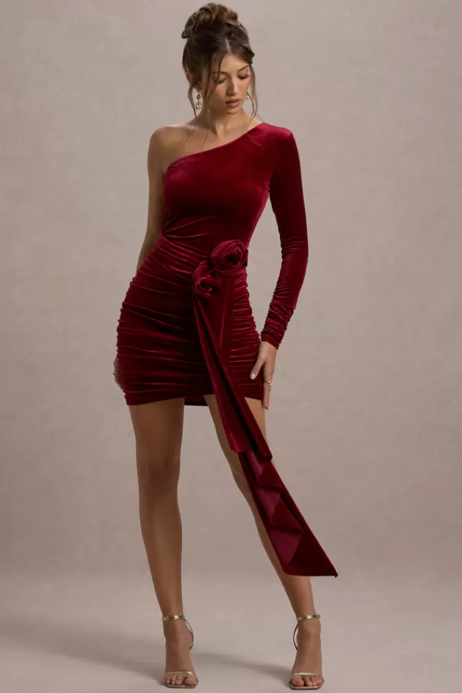 Club L London Saint Moritz | Velvet One Sleeve Mini Dress With Flower Drape BERRY Shop