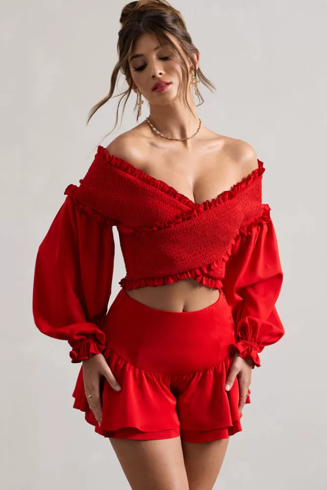 Club L London Salara | Ruched Bardot Top With Balloon Sleeves RED Flash Sale