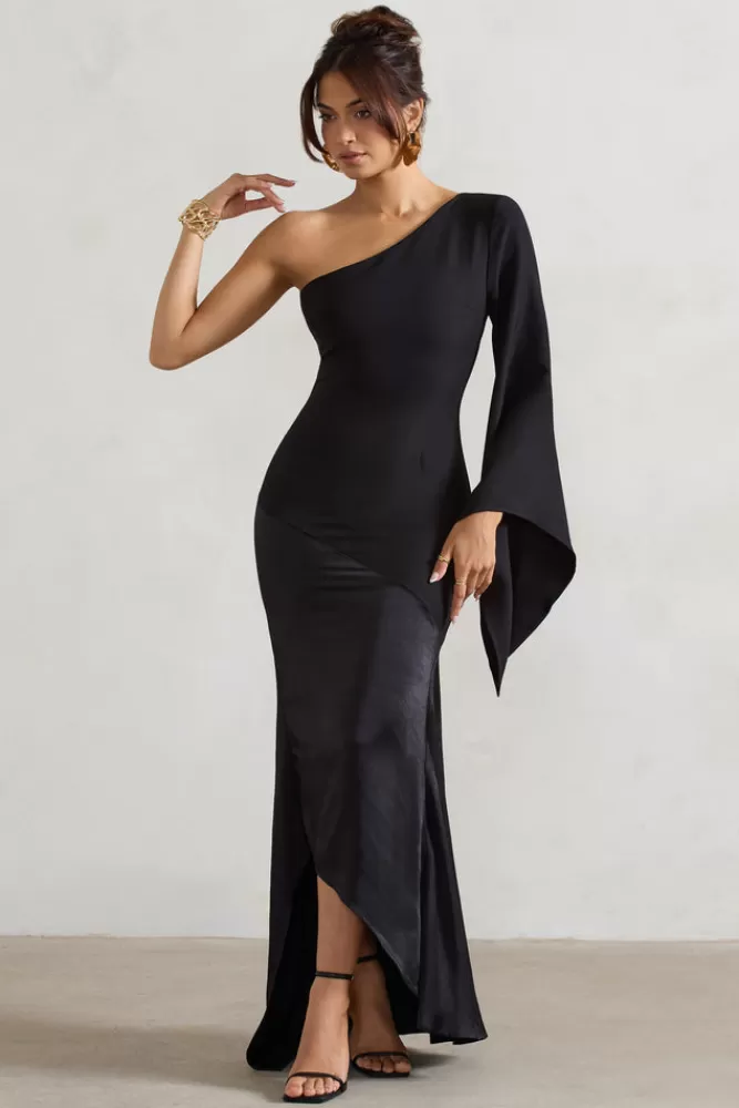 Club L London Salem | Asymmetric Cape-Sleeve Maxi Dress With Satin Skirt BLACK New