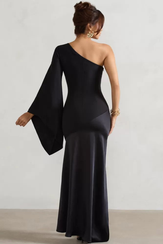 Club L London Salem | Asymmetric Cape-Sleeve Maxi Dress With Satin Skirt BLACK New