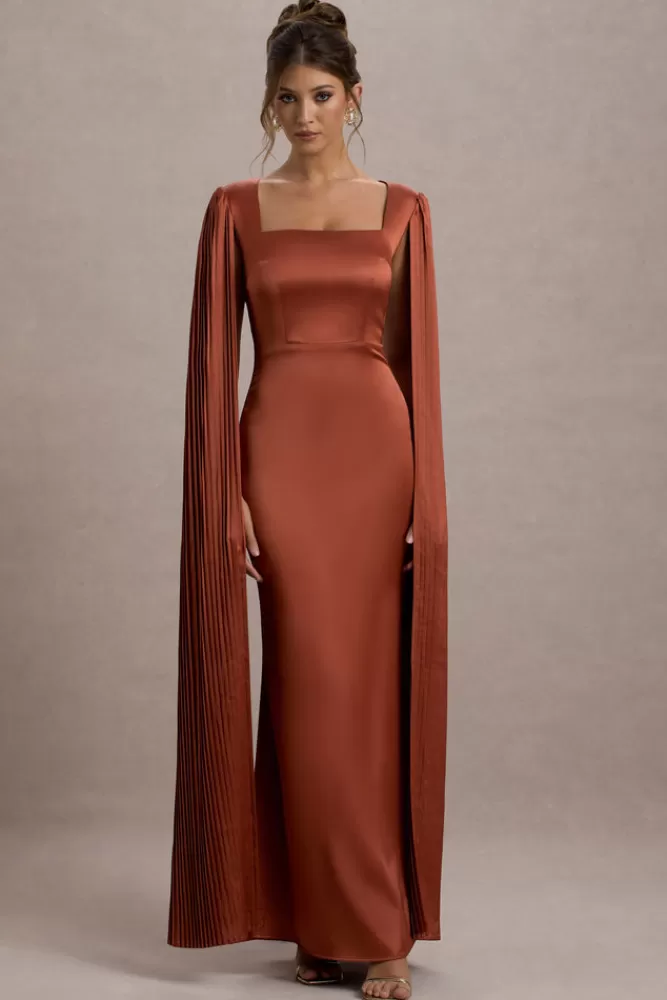 Club L London Saloma | Satin Square-Neck Maxi Dress With Cape Sleeves RUST Best Sale