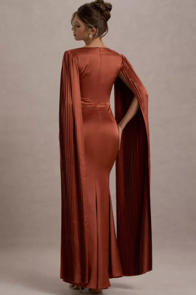 Club L London Saloma | Satin Square-Neck Maxi Dress With Cape Sleeves RUST Best Sale