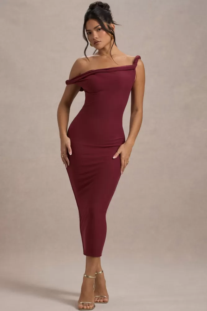 Club L London Salome | Twisted Asymmetric Midi Dress BERRY Clearance