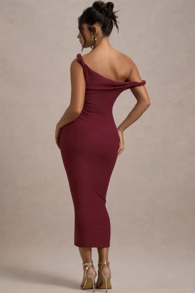 Club L London Salome | Twisted Asymmetric Midi Dress BERRY Clearance