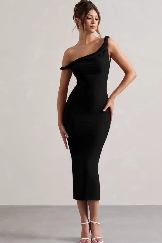 Club L London Salome | Twisted Asymmetric Midi Dress BLACK Flash Sale