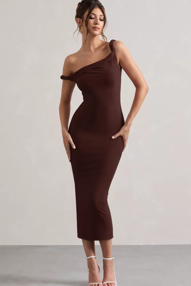 Club L London Salome | Chocolate Brown Twisted Asymmetric Midi Dress CHOCOLATEDRIZZLE Hot