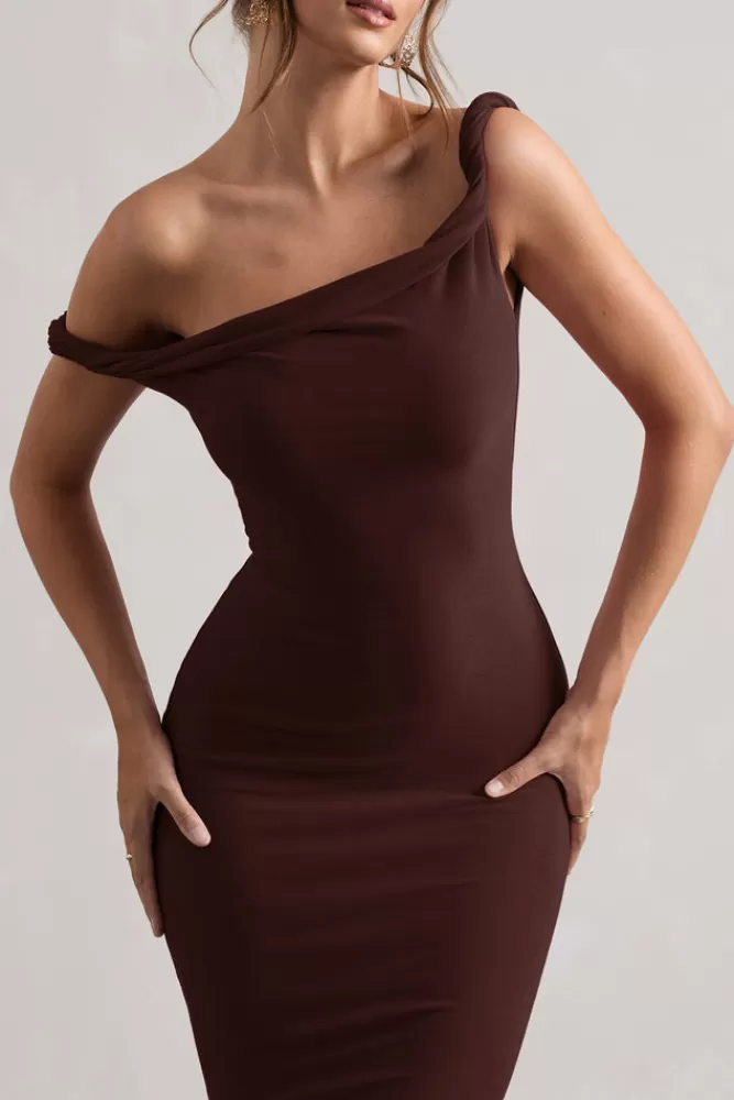 Club L London Salome | Chocolate Brown Twisted Asymmetric Midi Dress CHOCOLATEDRIZZLE Hot