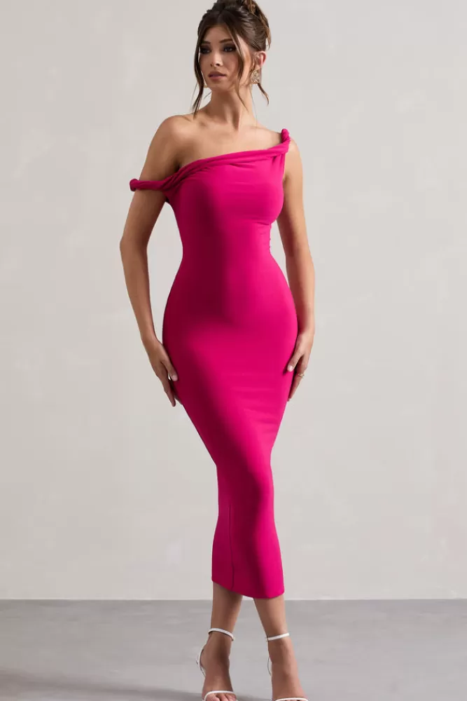 Club L London Salome | Dark Pink Twisted Asymmetric Midi Dress BOUDOIRRED New