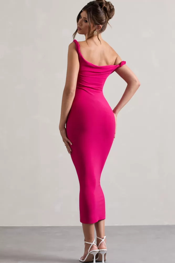 Club L London Salome | Dark Pink Twisted Asymmetric Midi Dress BOUDOIRRED New