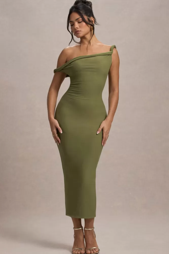 Club L London Salome | Twisted Asymmetric Midi Dress OLIVE Discount