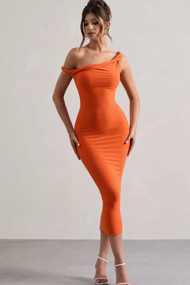 Club L London Salome | Orange Twisted Asymmetric Midi Dress MANDARINORANGE Store