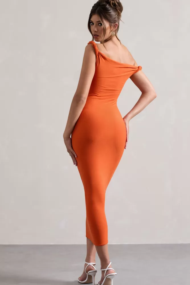 Club L London Salome | Orange Twisted Asymmetric Midi Dress MANDARINORANGE Store