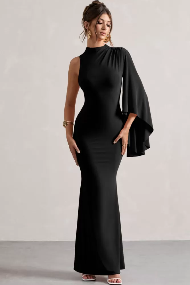 Club L London Samaya | High-Neck Cape-Sleeve Maxi Dress BLACK Fashion