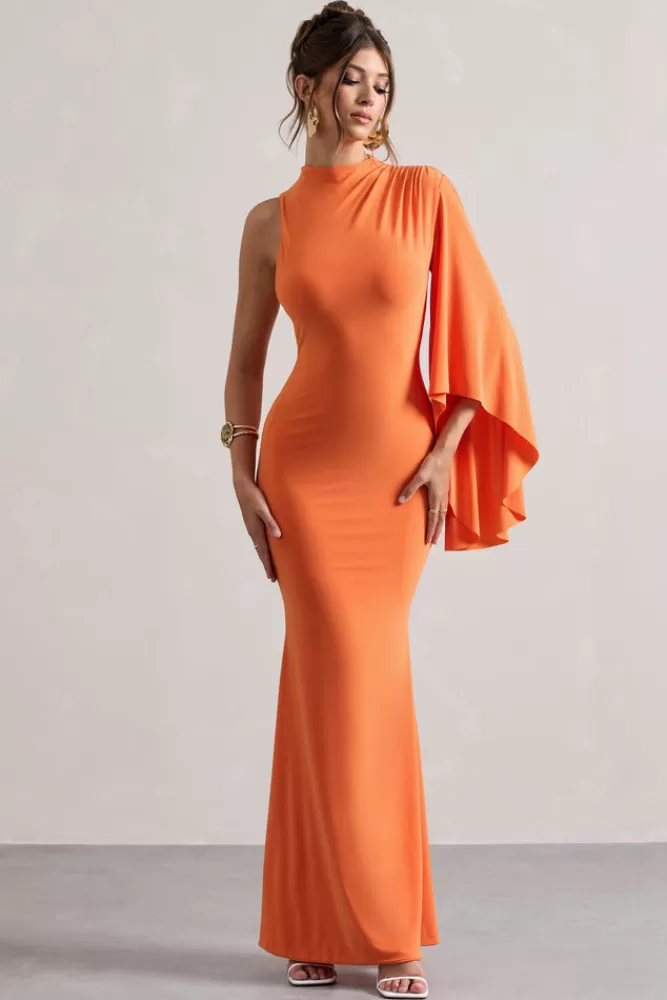 Club L London Samaya | Orange High-Neck Cape-Sleeve Maxi Dress MANDARINORANGE Cheap