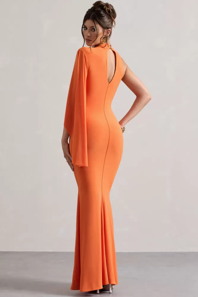 Club L London Samaya | Orange High-Neck Cape-Sleeve Maxi Dress MANDARINORANGE Cheap